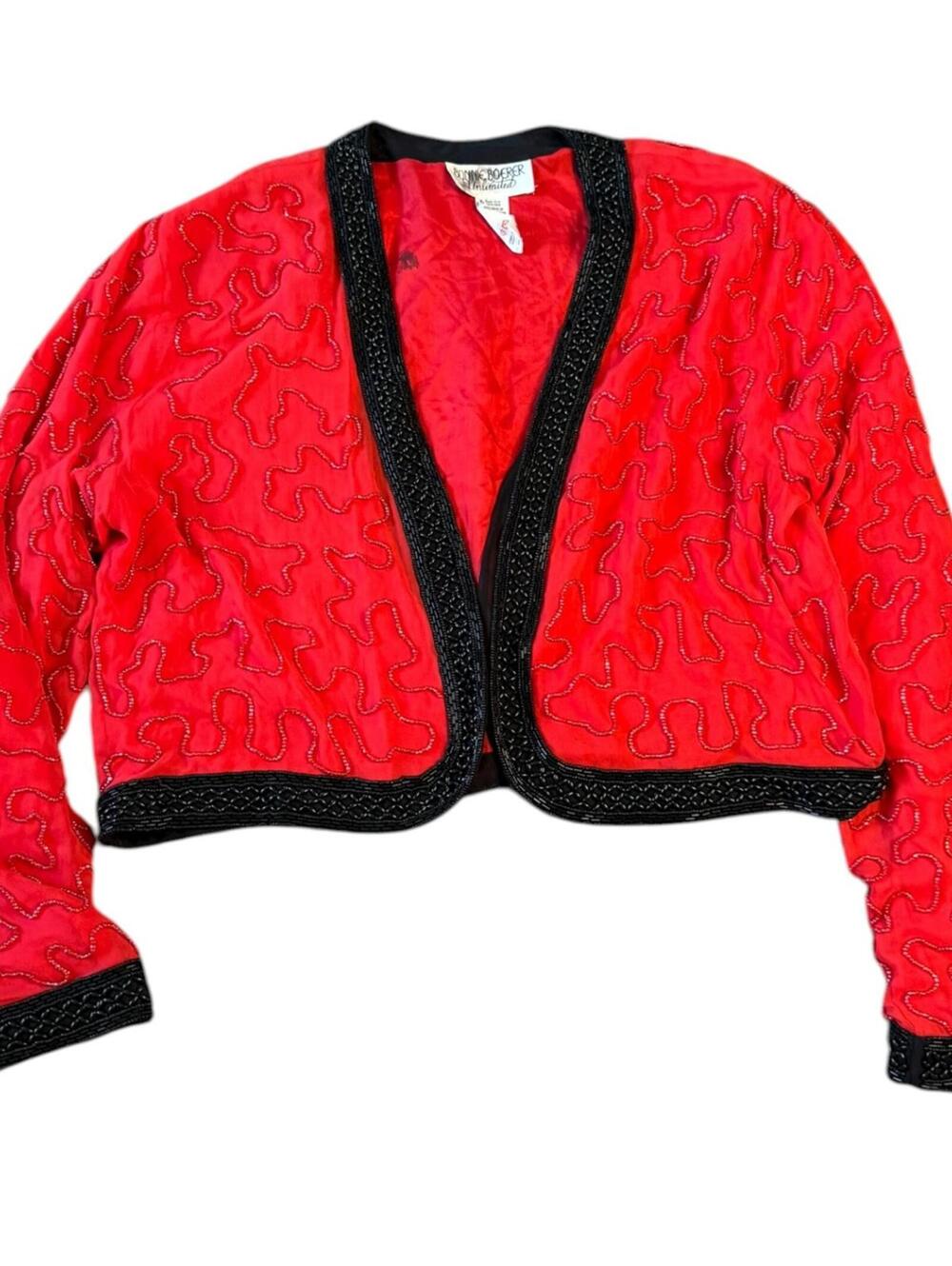 BONNIE BOERER Unlimited Red Silk Beaded Jacket Black Trim Vintage Medium